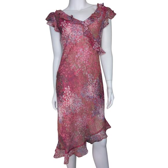 Breakin Loose Y2K 90s Pink Ruffle Chiffon Dress 4 Asymmetric Hem Coquette Fairy - Picture 1 of 6